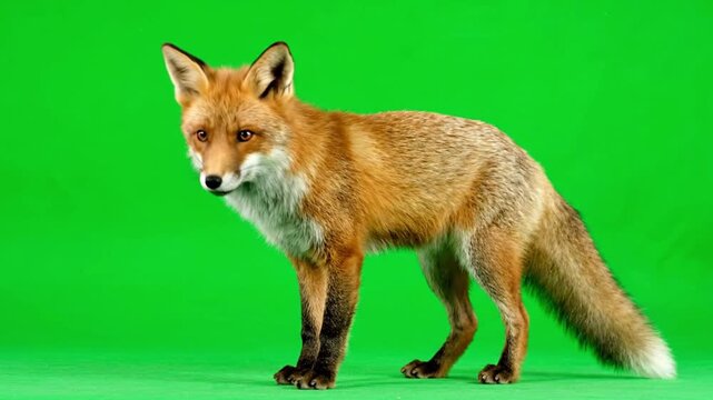 A majestic red fox stands alert against a vibrant green background, its bushy tail and keen eyes capturing the essence of wilderness