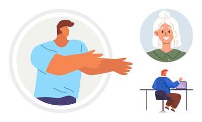 Communication, online meetings, remote work, social connection, teamwork, digital spaces. Three people engaged in digital interaction and activities. Communication and online meetings concepts