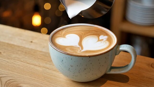 White frothed milk pouring into blue ceramic cup creating triple heart latte art on brown espresso