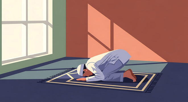 a muslim man bowing down in prostration on a prayer mat in a sunlit room illustrating devotion and islamic worship.