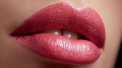 Close-up of full, plump lips with glossy pink lipstick and perfect white teeth