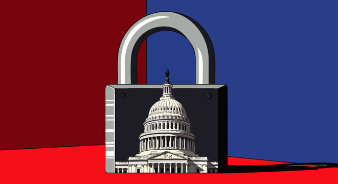 Symbolic image of the US Capitol Building inside a padlock, representing government shutdown, political gridlock, and partisan division against a red and blue backdrop.