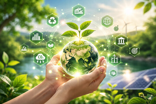 AI generated hands holding earth with growing plant surrounded by renewable energy and sustainability icons representing carbon reduction climate action and green innovation for a net zero future