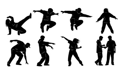 Street dance and club dancing silhouettes vector set with teenage boy and girl dynamic poses isolated on white background