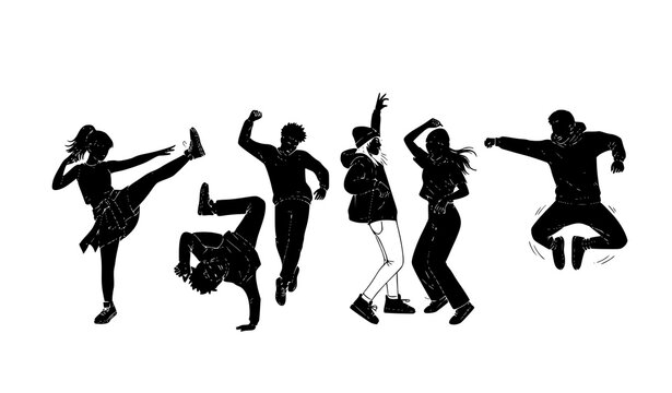 Dancing teenagers black silhouette vector set with hip hop and street dance poses isolated on white background