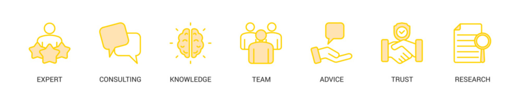 Expertise Lineal Yellow Icon Set For Web Banner. Vector Illustration Concept With Some Icons. Designed In Lineal Yellow Style