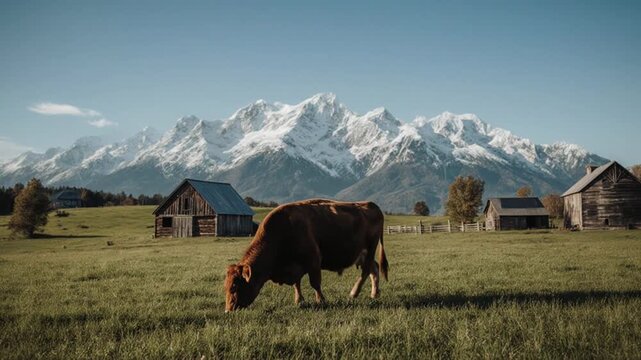 Cow grazing in a field with mountains in the background and old barns in New Zealand during daylight