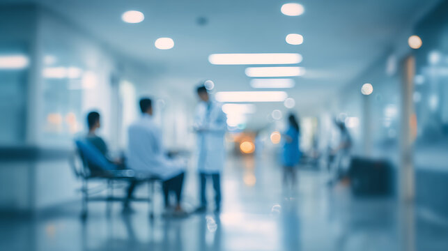 A blurred scene in a hospital, showcasing healthcare professionals attending to patients in a clinical environment.