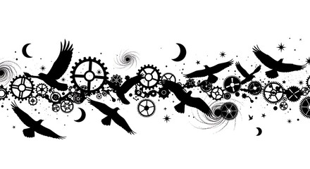 Steampunk Ravens and Gears - A Black and White Fantasy Illustration.
