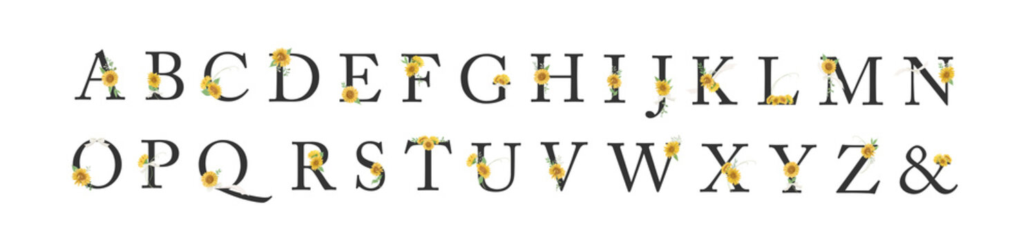 Luxury black alphabet bundle with watercolor sunflowers and white ribbons-300dpi-The font is Adobe Caslon Pro.