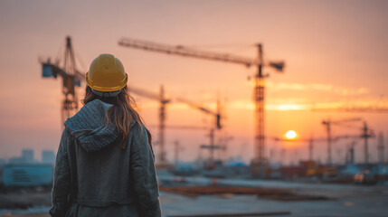 Obraz premium A construction worker observes a vibrant sunset behind towering cranes at a bustling job site, symbolizing progress.