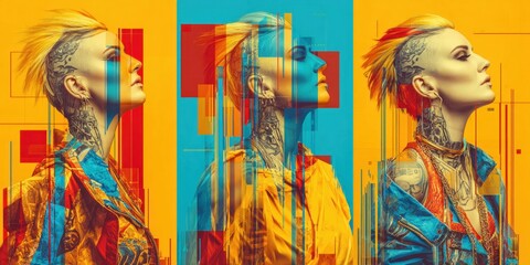 Stylized portrait of a tattooed woman with mohawk, presented in a pop art, glitch art style