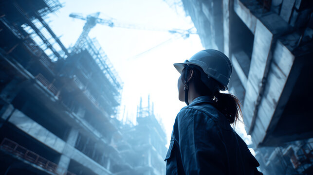 A construction worker looks up at a high-rise building under construction, showcasing modern industry and engineering.