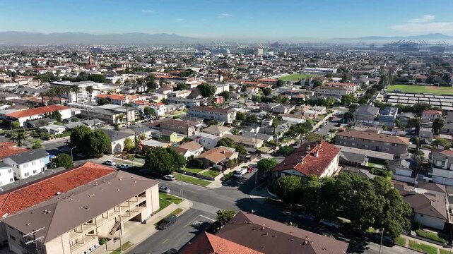 San Pedro, California, USA - Aerial View of Residential Homes Overlooking Vincent Thomas Bridge and the Port of Long Beach, CA