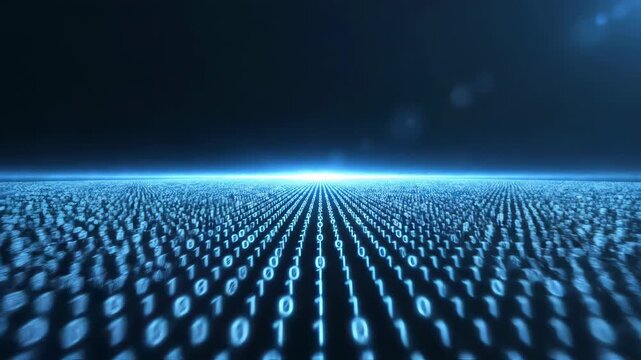 A futuristic digital background with binary code and a blue light beam