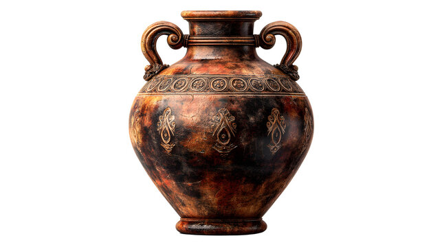 Roman amphora with pointed base, two-handled storage jar with stamped markings, isolated on white background