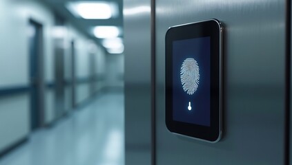 Modern Fingerprint Scanner Access Control System in a Futuristic Corridor.