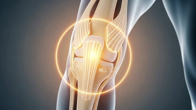Animated video footage showing a detailed human knee joint with glowing pain or injury indication, highlighting anatomical structures and medical issues.