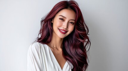 Fototapeta premium Beautiful young woman with long, wavy, dark red hair and a bright smile