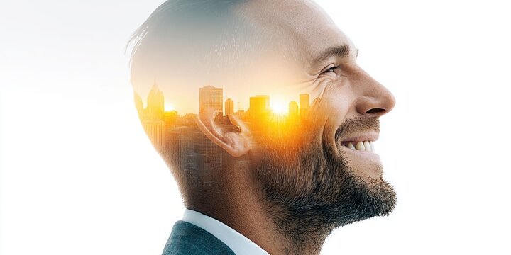 Double exposure of a smiling man with a city skyline superimposed on his head