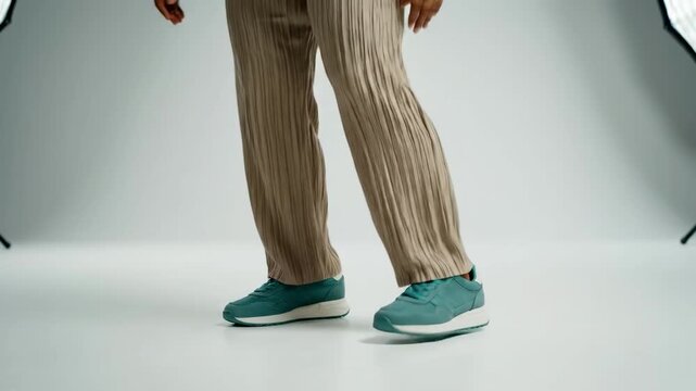 Close-up of someone wearing teal sneakers and beige pleated trousers, set in a minimalist studio environment.