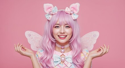 Fototapeta premium Kawaii Angelic Charm: A radiant figure, adorned with delicate wings and playful cat ears, exudes an aura of innocent delight and enchantment against a soft, pink backdrop.