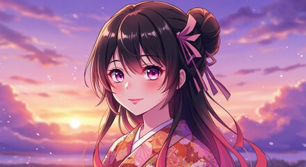 Japanese Beauty and Sunset: A captivating anime-style portrait of a woman in a traditional kimono against a serene sunset. Emphasizing the harmony of culture, natural beauty, and art.