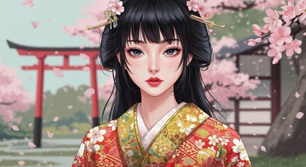 Sakura Serenity: An ethereal geisha, adorned with blossoms, embodies tranquility beneath the iconic torii gate and delicate cherry blossoms, celebrating cultural heritage and graceful elegance.