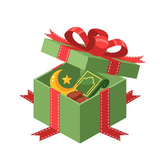 Halal Certification Logo Emerging from Gift Box with Crescent and Star Symbols Vector Illustration