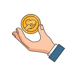 Hand holding a coin with a heart-shaped hands together in prayer gesture, symbolizing charity and kindness, vector illustration