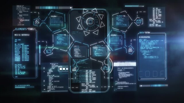 Futuristic smartphone displaying digital data and user interface elements