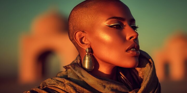 Striking bald woman with bold makeup and jewelry in desert landscape at sunset