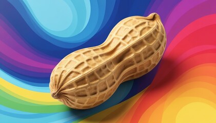 Peanut's Colorful Stage: A close-up showcases a detailed peanut shell, presented against a vibrant backdrop of swirling rainbow hues, suggesting a play of textures.