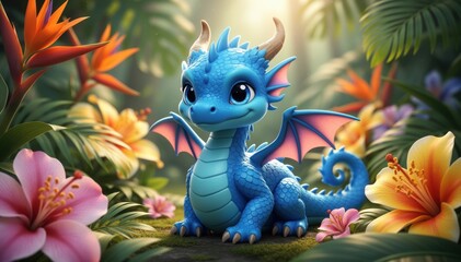 Obraz premium Enchanting Dragon in Paradise: A whimsical and adorable dragon, rendered in vibrant detail, is nestled amidst a tropical paradise, surrounded by lush flora, colorful blooms, and serene foliage.