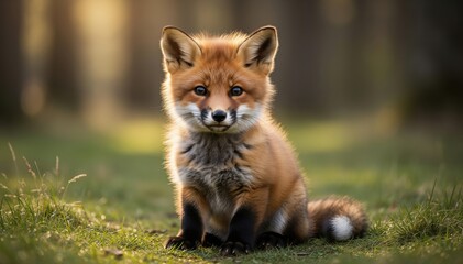 Fototapeta premium Adorable Fox Cub in Nature's Embrace: A charming fox cub sits poised on a grassy knoll, capturing the innocent essence of wildlife, amidst the gentle glow of sunlight.