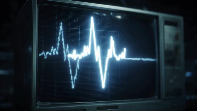Closeup of an old monitor displaying a bright white ecg or eeg waveform on a dark background