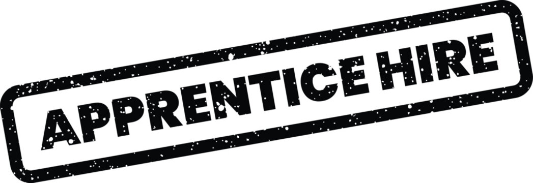 Distressed rectangular stamp featuring the text APPRENTICE HIRE for recruitment and employment opportunities