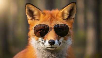 Cool Fox Portrait: A close-up shot of a fox, wearing sunglasses and exuding confidence, set against a backdrop of natural foliage.