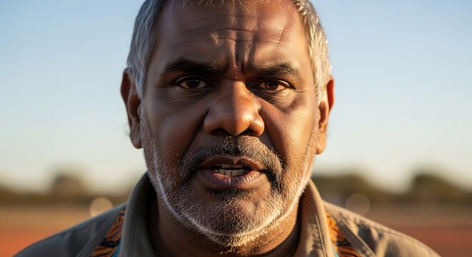 Close-up portrait of an Indigenous Australian elder with weathered features and grey hair