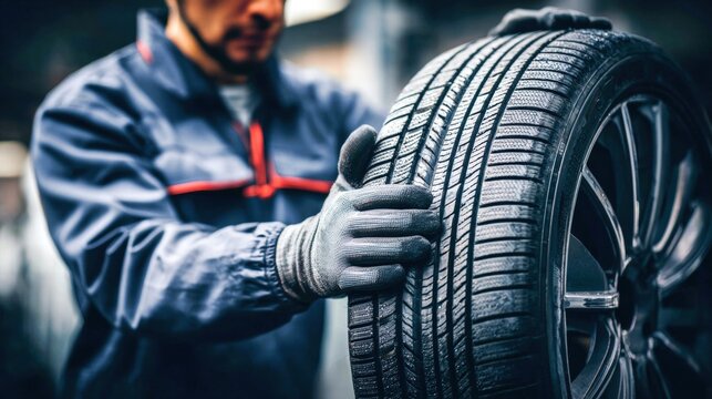 A mechanic holds a tire, ready for car repair and maintenance in a garage setting.