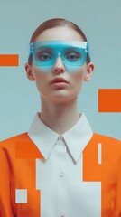 Futuristic woman wearing oversized blue visor glasses and orange jacket with geometric patterns