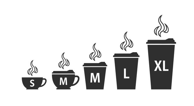 Vector graphic illustration displaying coffee cup sizes from small to extra large in a progressive size comparison design