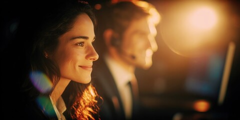 Smiling woman in profile with colleague in background, illuminated by warm light