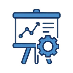 Blue icon of a presentation board with a gear and graph  business concept