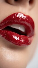 Close-up of glossy red lips with a hint of teeth showing, exuding sensuality and glamour