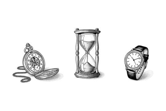 Vintage timekeeping instruments vector illustration with pocket watch and clock