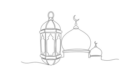 Ramadan Lantern and Mosque Dome Continuous Line Drawing © Free Account