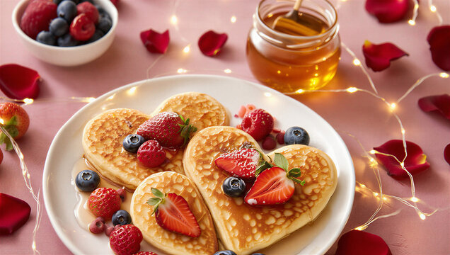 Panqueques en forma de coraz&oacute;n con fresas y ar&aacute;ndanos, acompa&ntilde;ados de miel, p&eacute;talos de rosa y luces c&aacute;lidas sobre un fondo rosado.