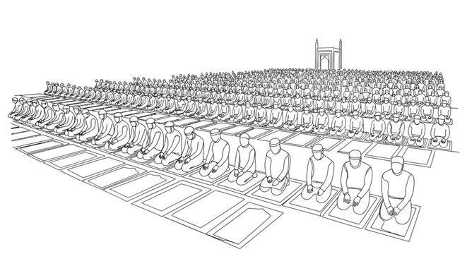 Large Group of Muslims Praying Together Outdoors Near Mosque