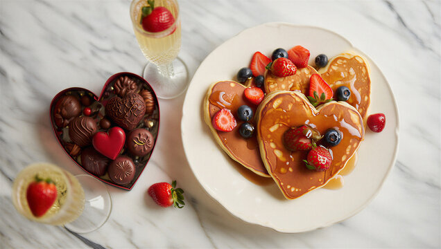 Desayuno rom&aacute;ntico con panqueques en forma de coraz&oacute;n, fresas, bombones de chocolate y copas con fresas sobre una mesa de m&aacute;rmol elegante.